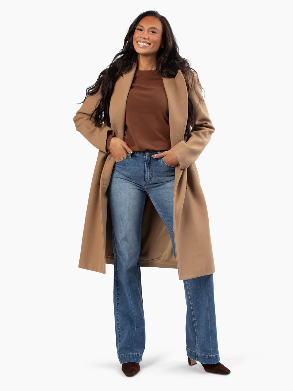 Elegant long camel coat for tall women with tie belt