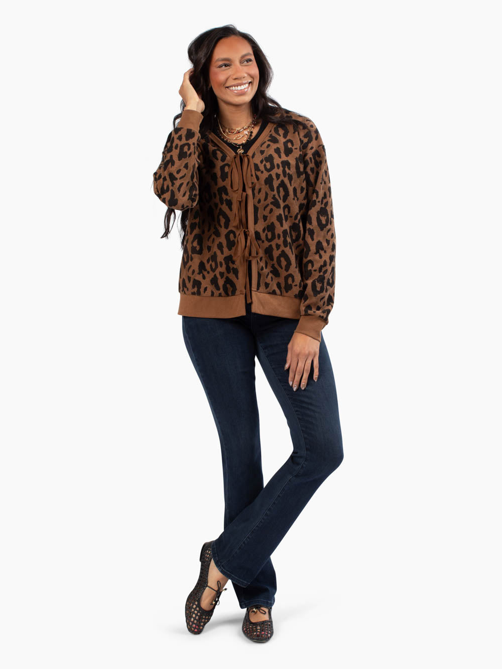 Front view of leopard tie-front cardigan for tall women