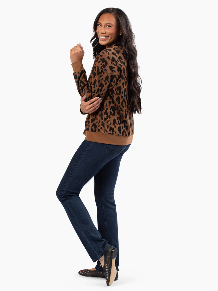Side view of leopard cardigan with tie-front closure