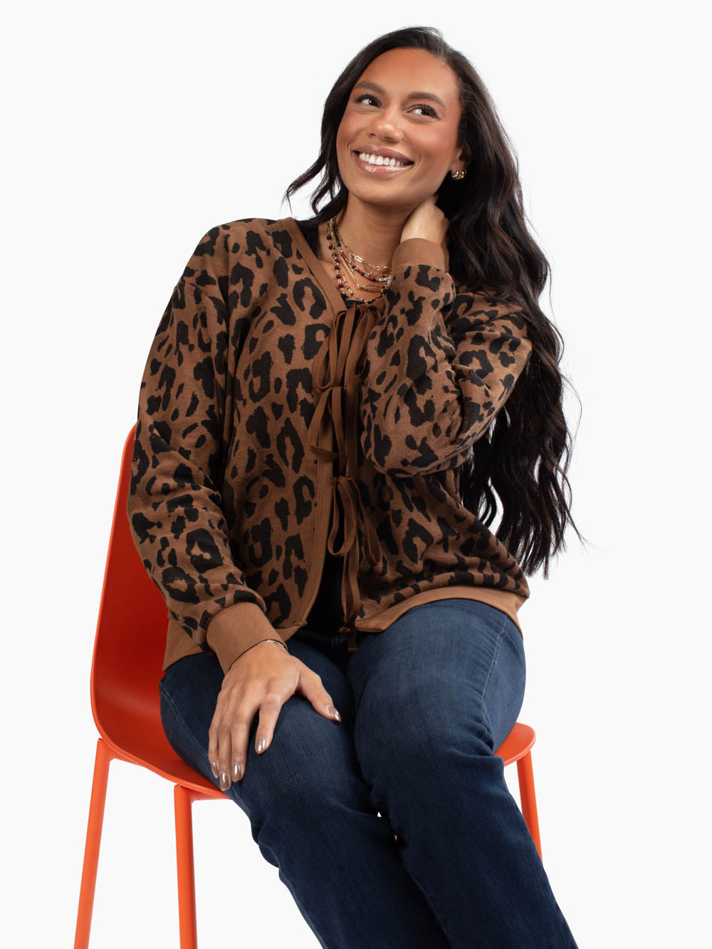 Leopard tie-front cardigan for tall women by Amalli Talli