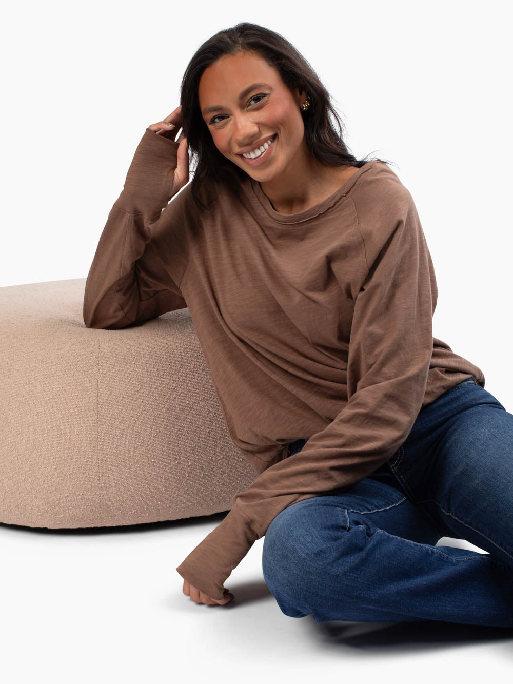 Close-up of long sleeve on malley Tee for tall women in brown color