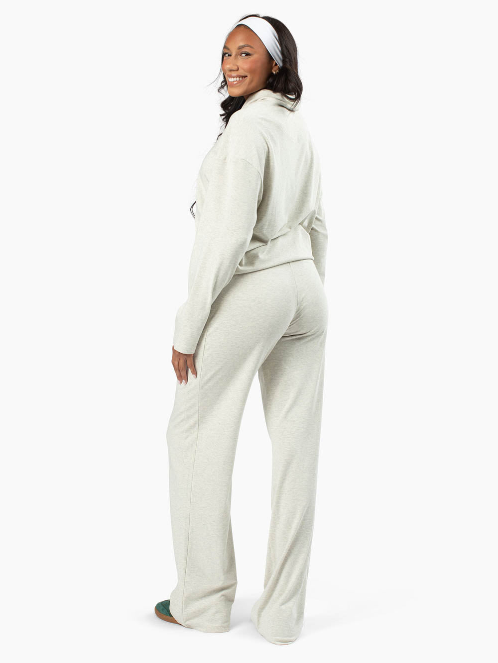 Full body shot of tall lounge outfit with relaxed fit and flattering drape