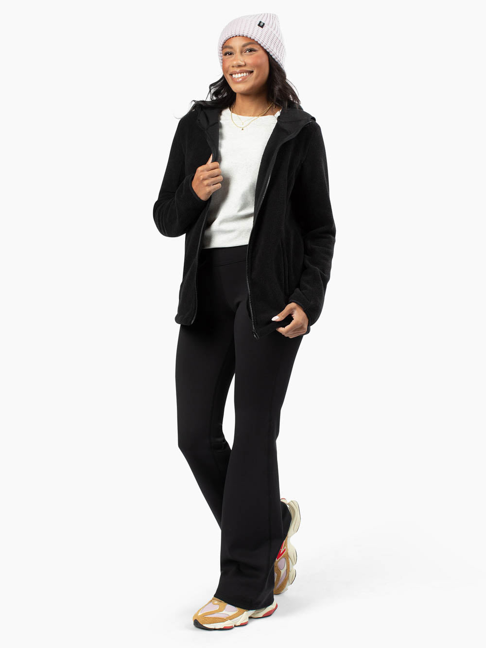 Tall woman wearing Replay Fleece Jacket in black full front view
