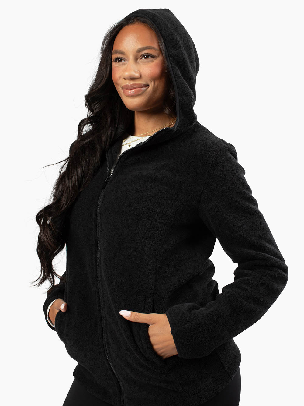 Close-up of fleece fabric in black and zipper detail