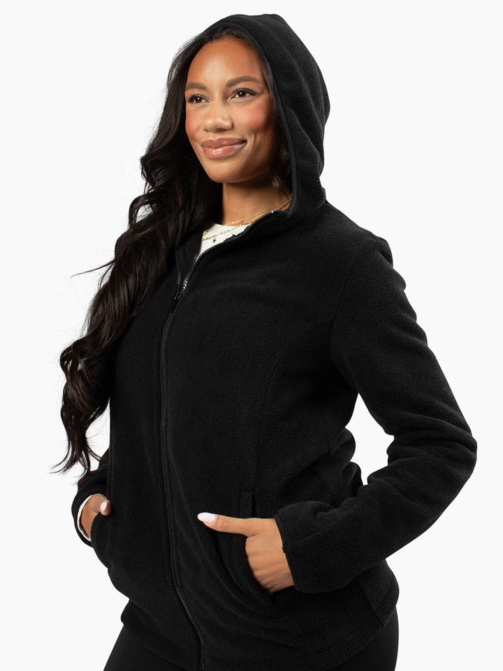 Close-up of fleece fabric in black and zipper detail