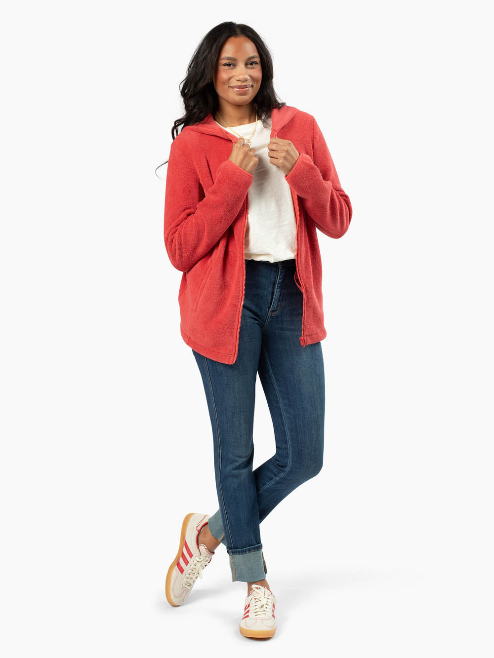Tall woman wearing Replay Fleece Jacket in red full front view
