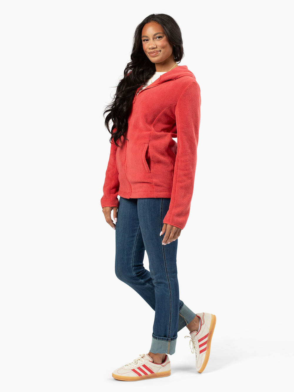 Replay Fleece Jacket in red layered over jeans on tall model