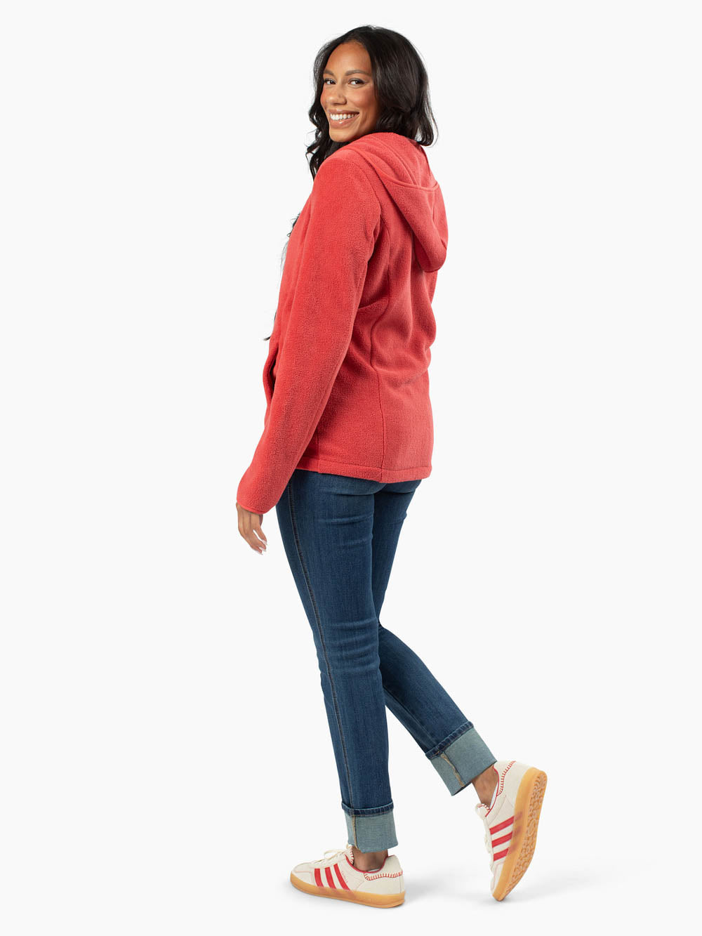 Back view of tall fleece jacket in red showing extended sleeve length
