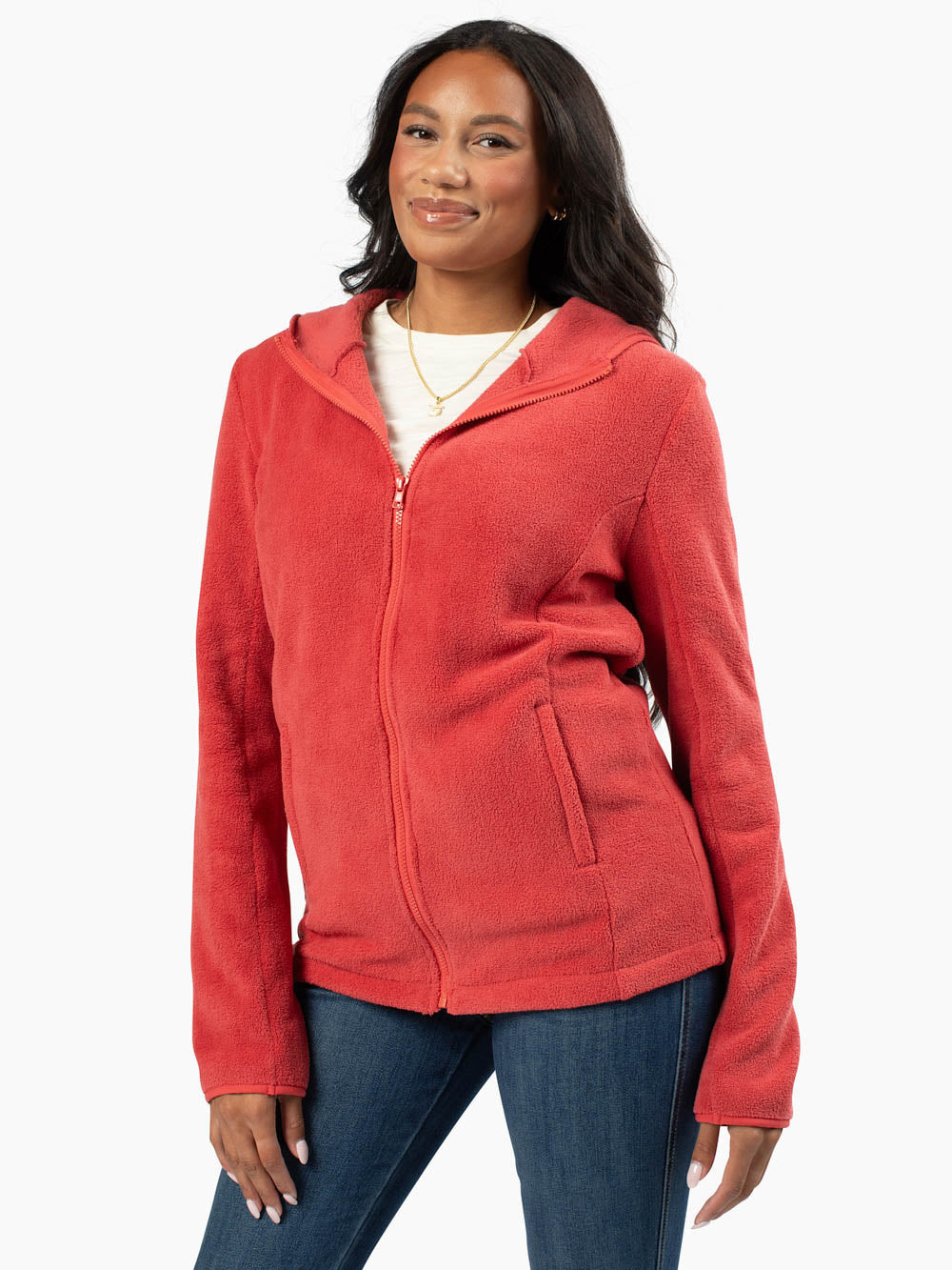 Close-up of fleece fabric in red and zipper detail 