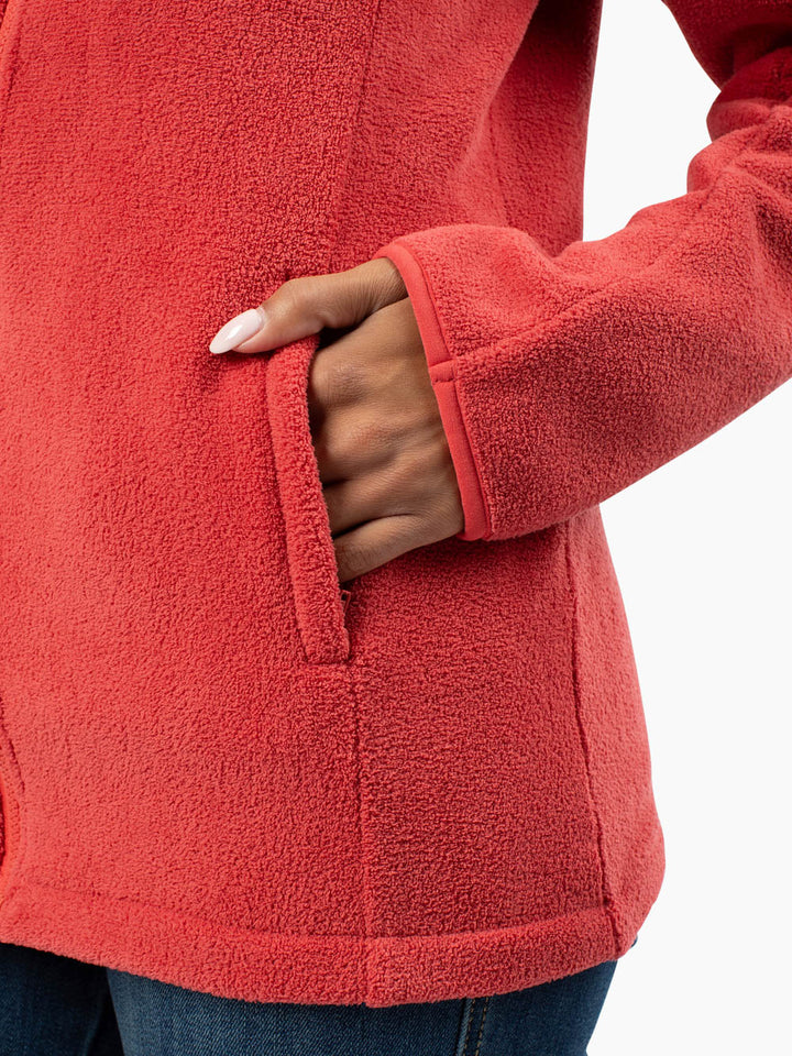 Tall model wearing Replay Jacket in red with hands in pockets