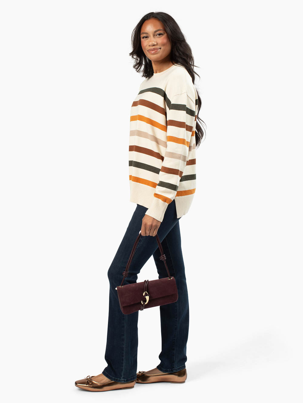 Side profile of Solvi sweater showing sleeve and body length