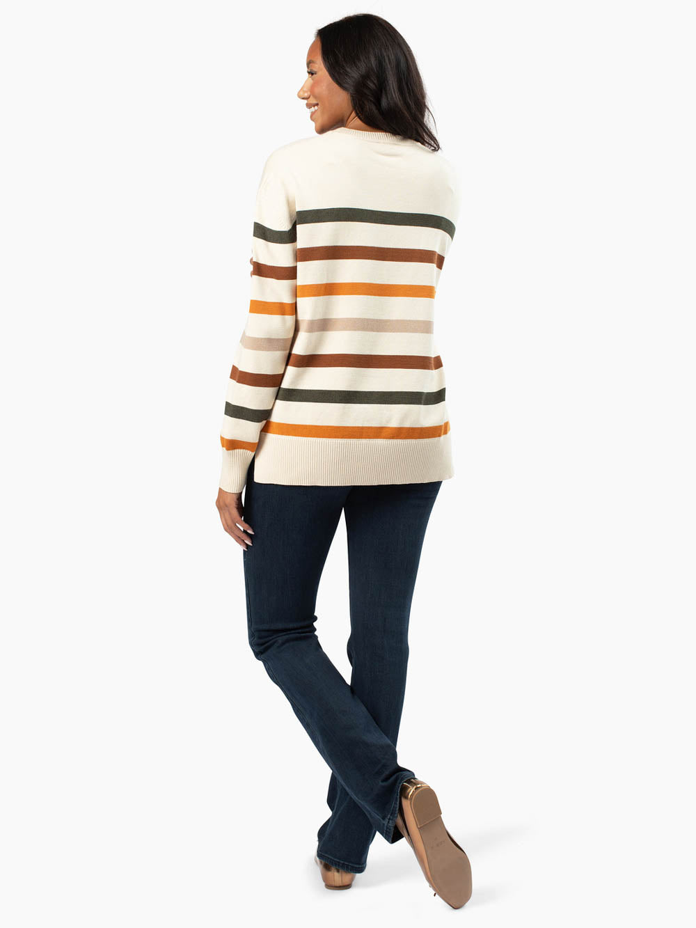 Cozy knit sweater for tall women with long sleeves and stripes