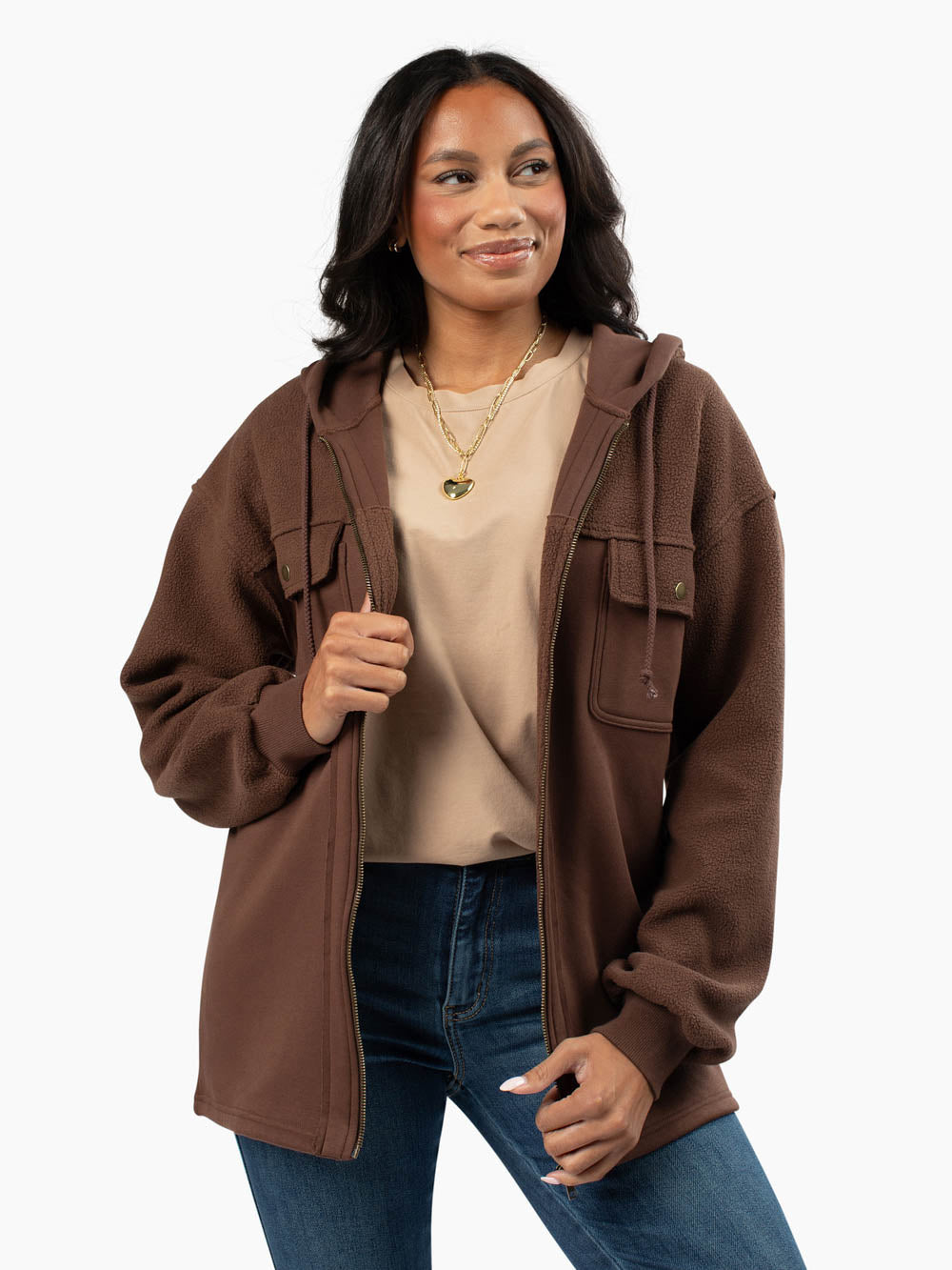 Oakley Zip-Up Hoodie for Tall Women | Mixed Fleece in Chocolate
