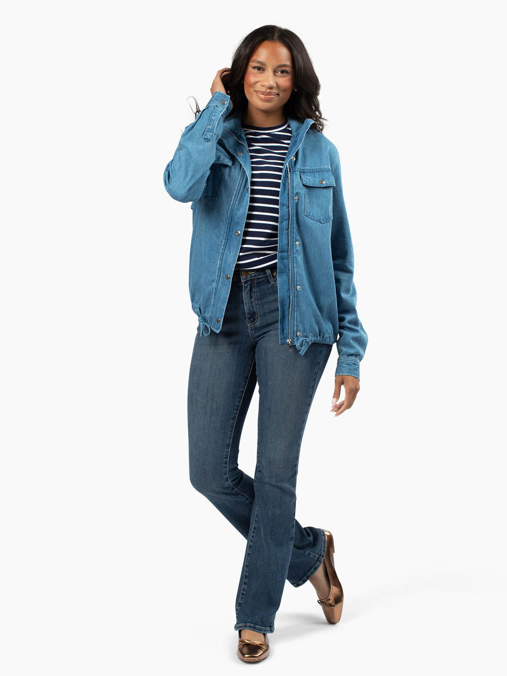 Tall woman wearing Zippy Jacket full front view
