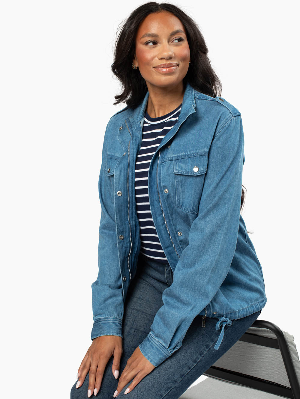 Ziggy Jacket layered over jeans on tall model