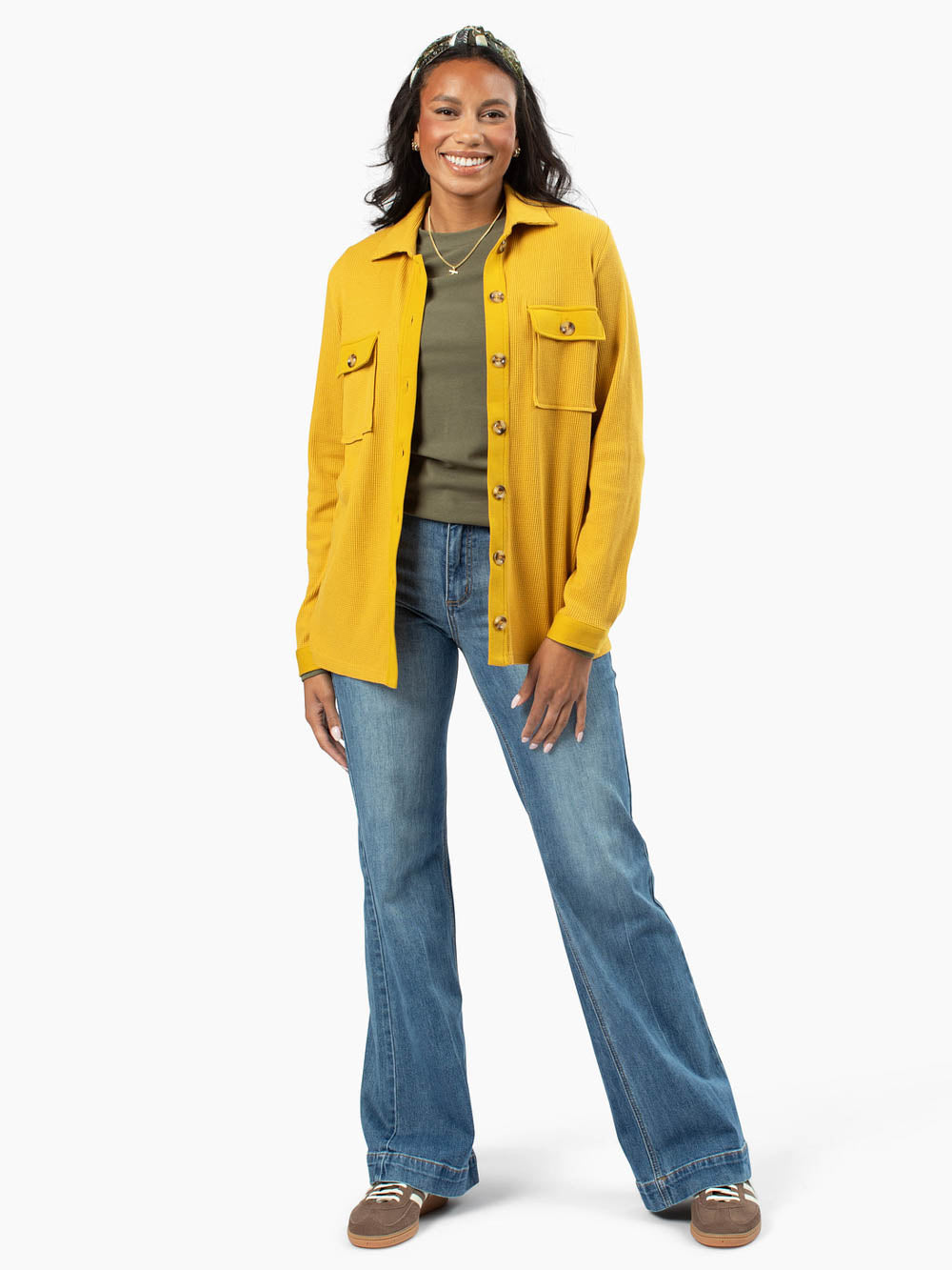 Waffle knit tall shirt jacket with button front and collar