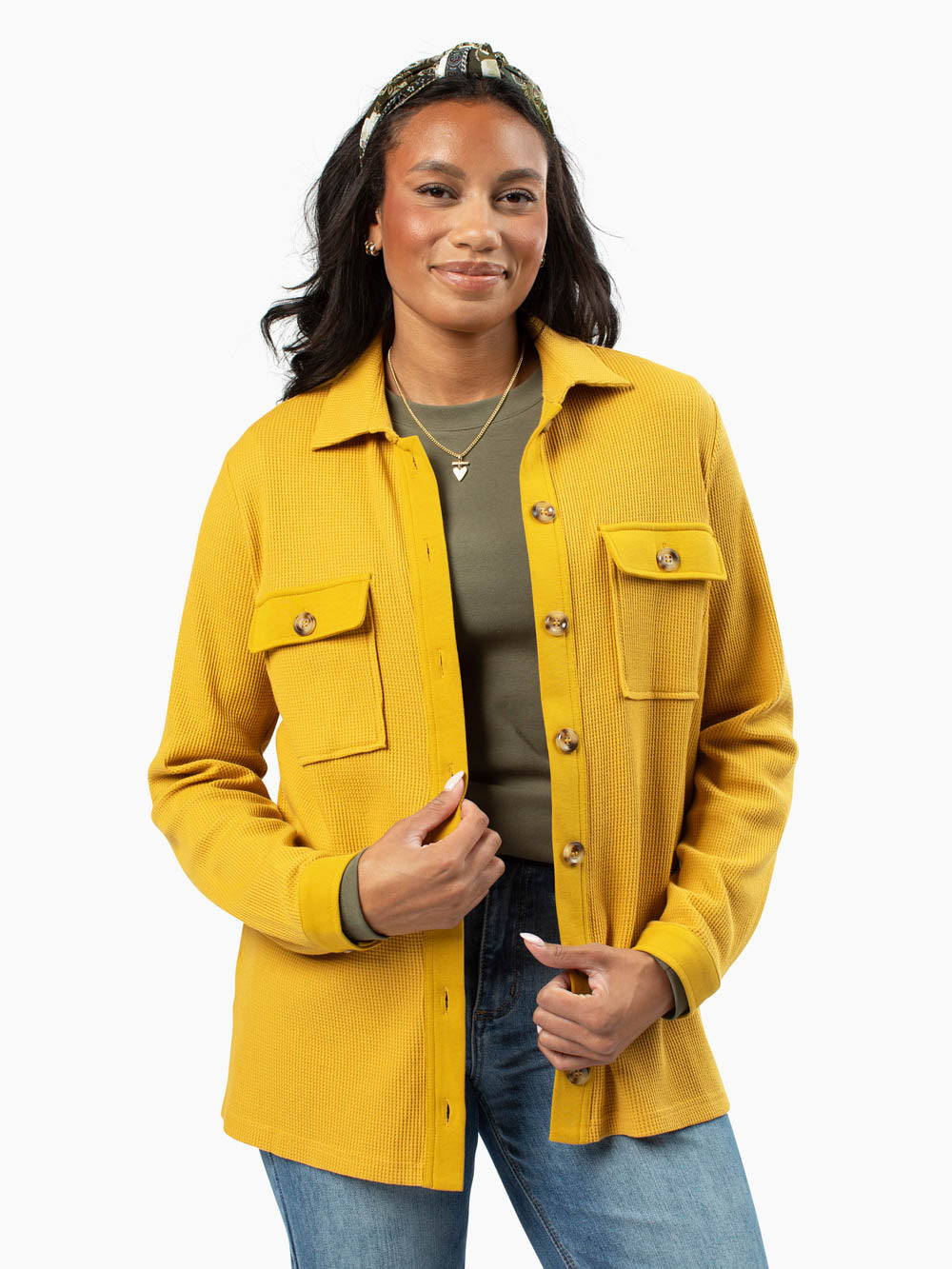 Close-up of textured waffle fabric and chest flap pockets