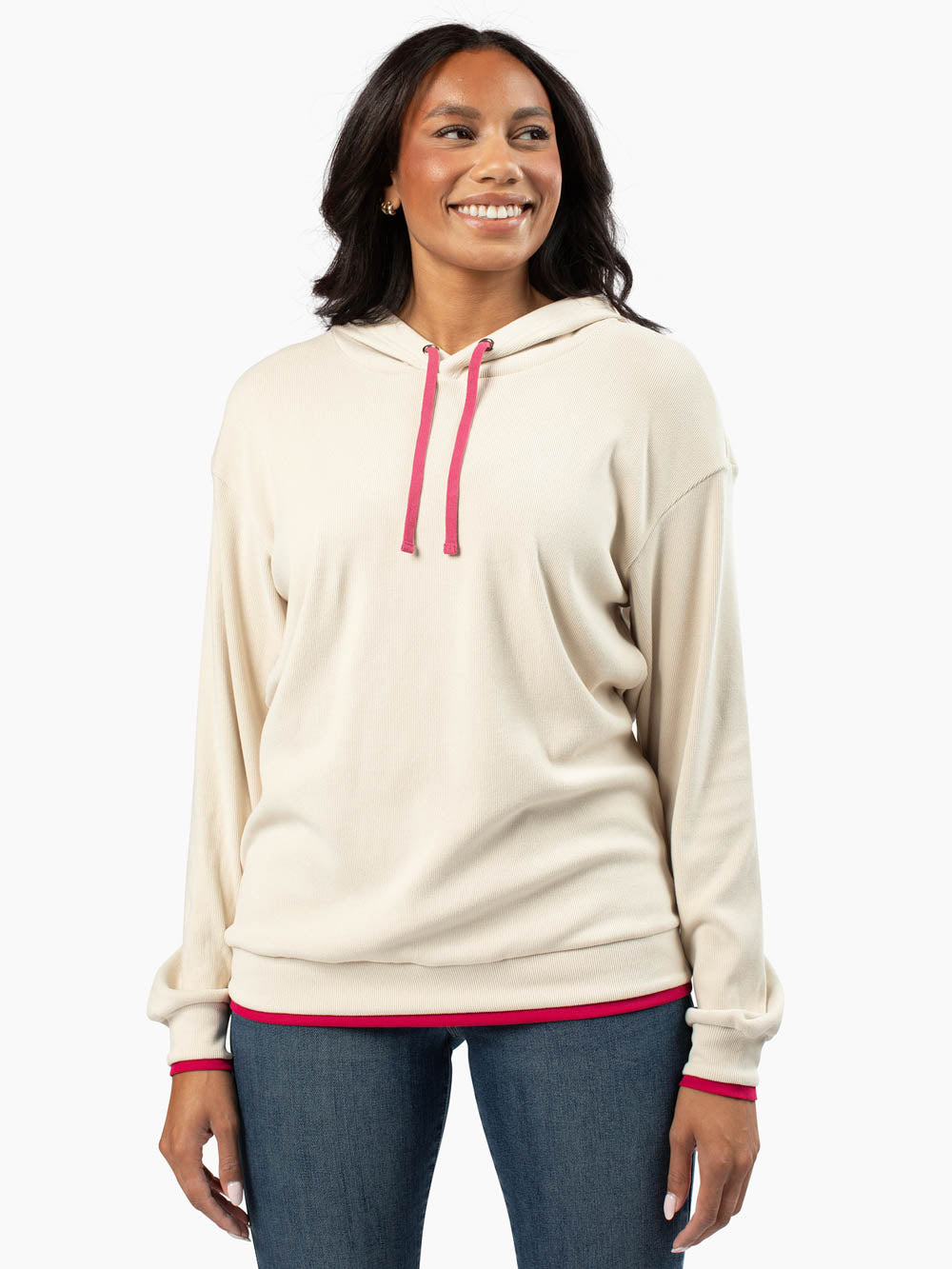 Close-up of hot pink contrast trim on Camille Hoodie