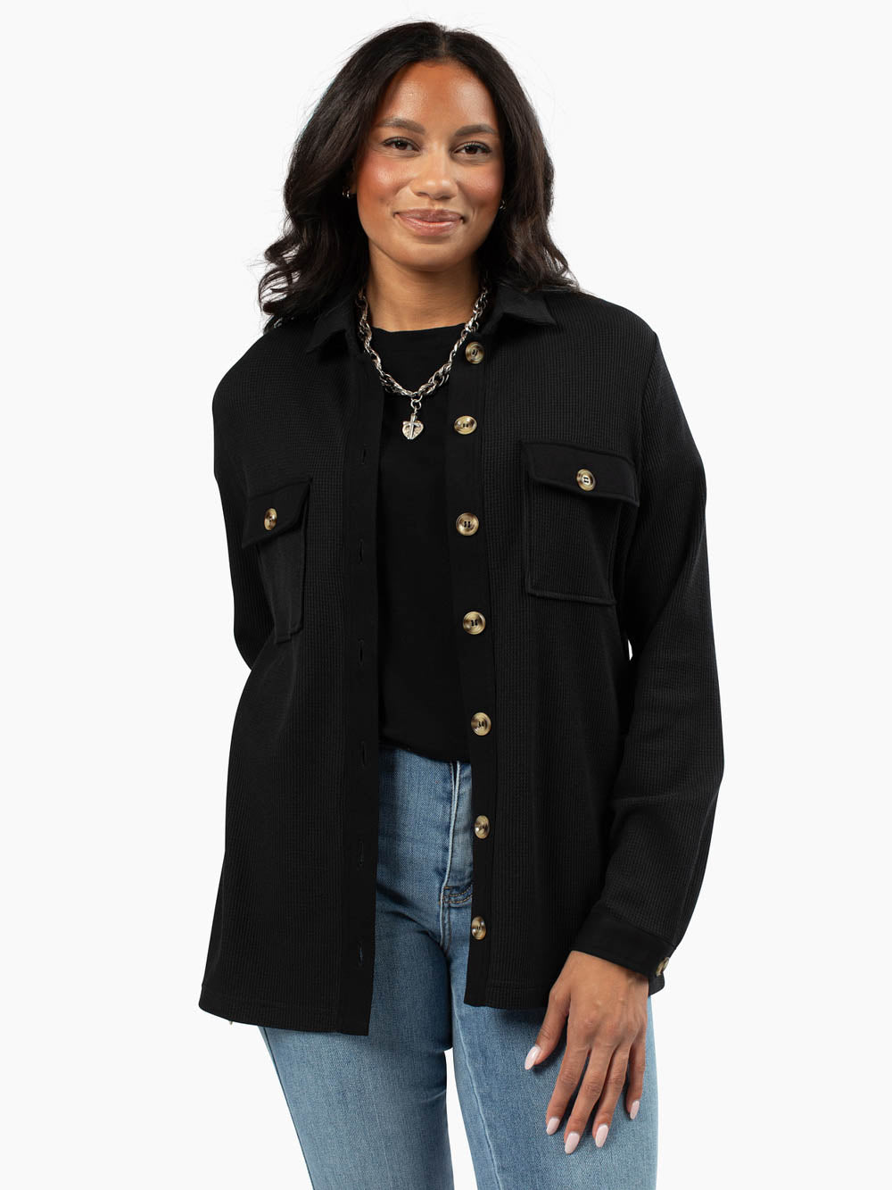 Front view of Spencer Button-Up styled open over a tee