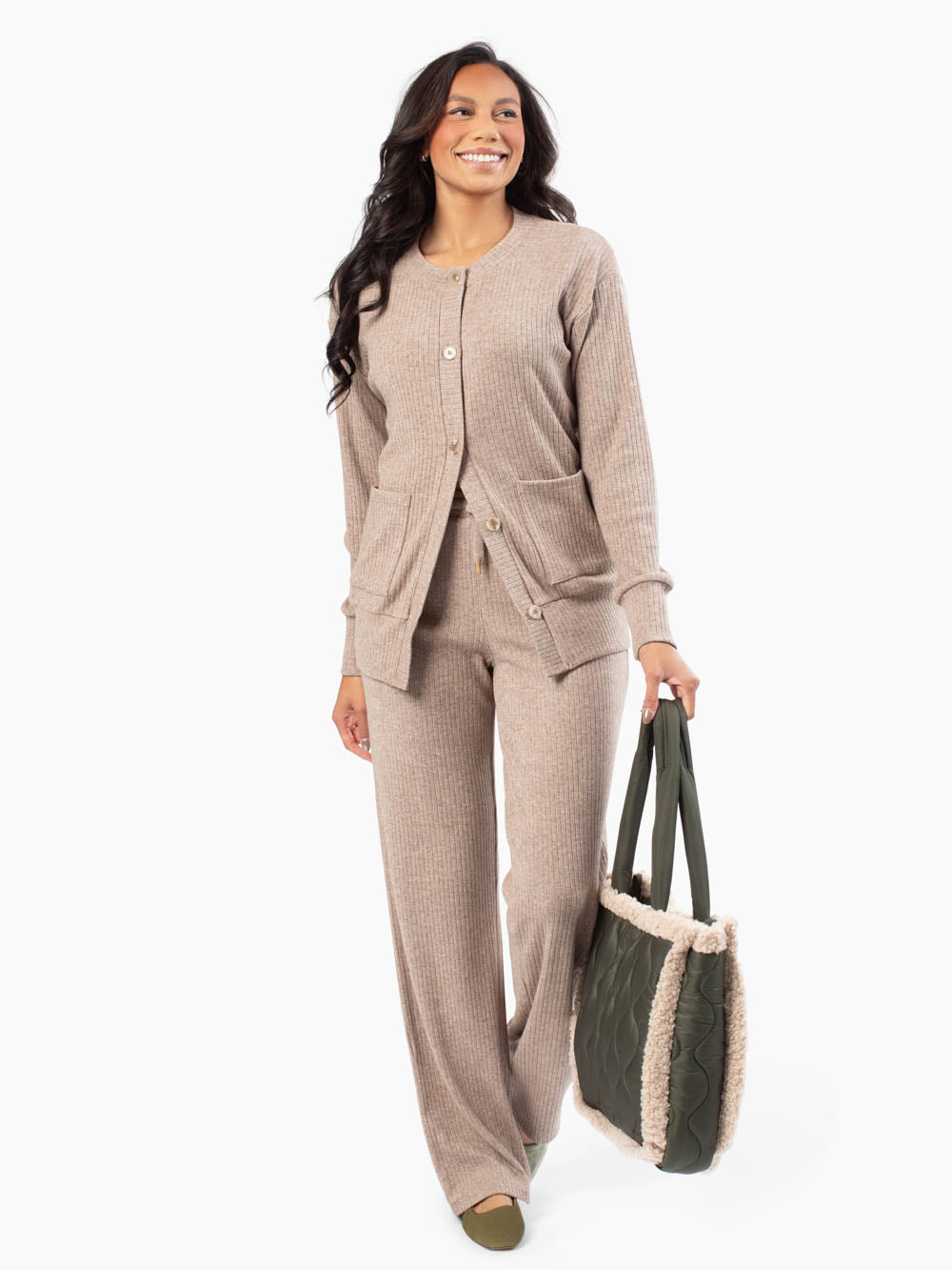 Tall woman wearing Homebody Ribbed Set in biscotti