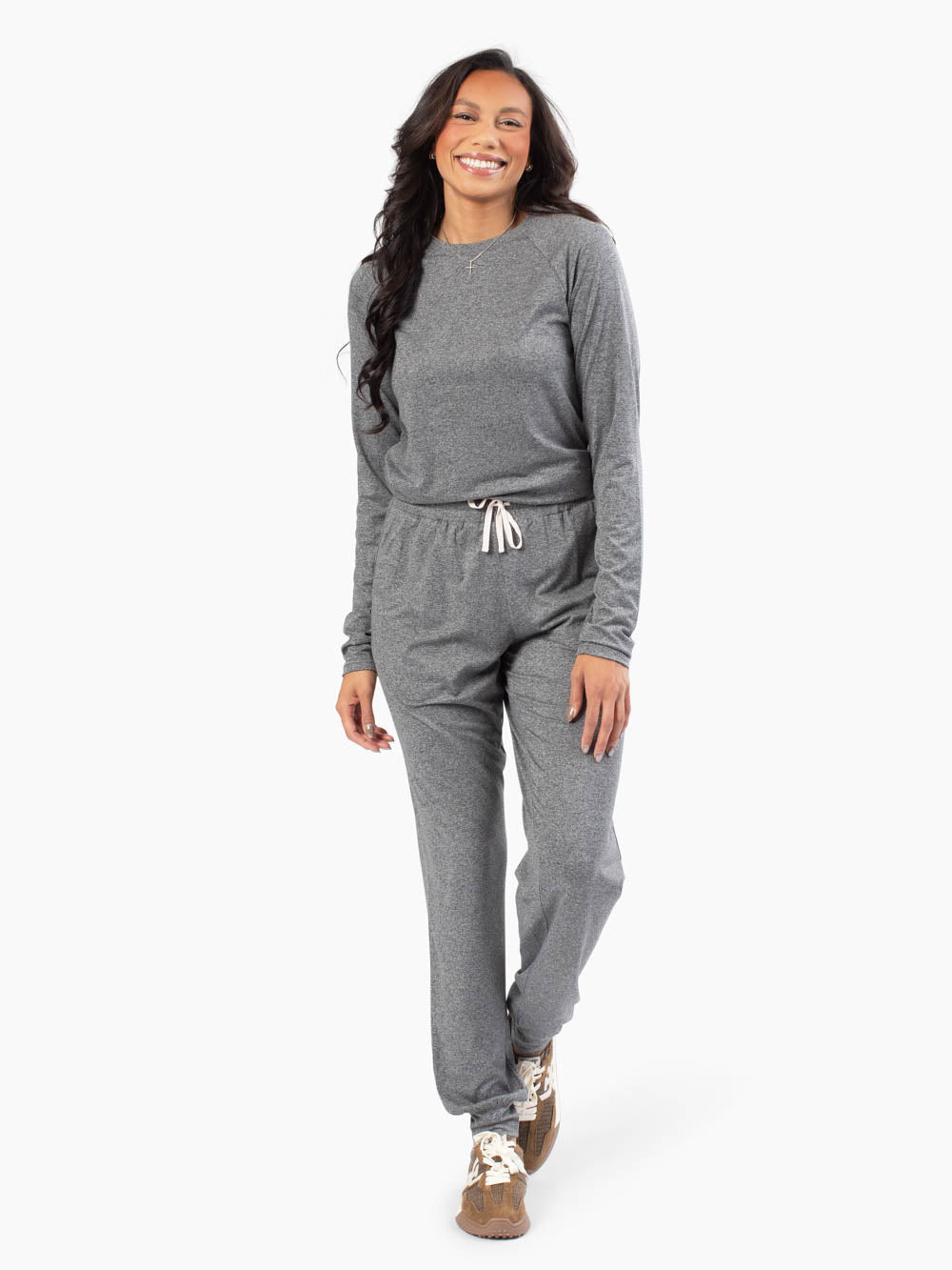 Tall woman wearing Cloudbreak Jogger Set in grey