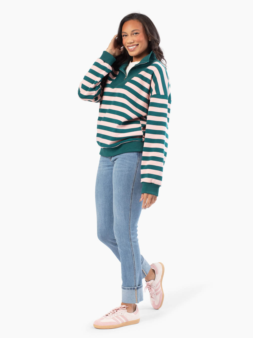 Front view of tall woman wearing Palm Striped Sweatshirt 