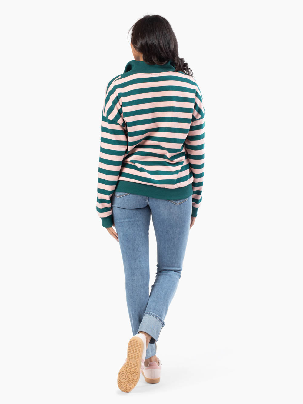 Back view of Palm Striped Sweatshirt on tall woman