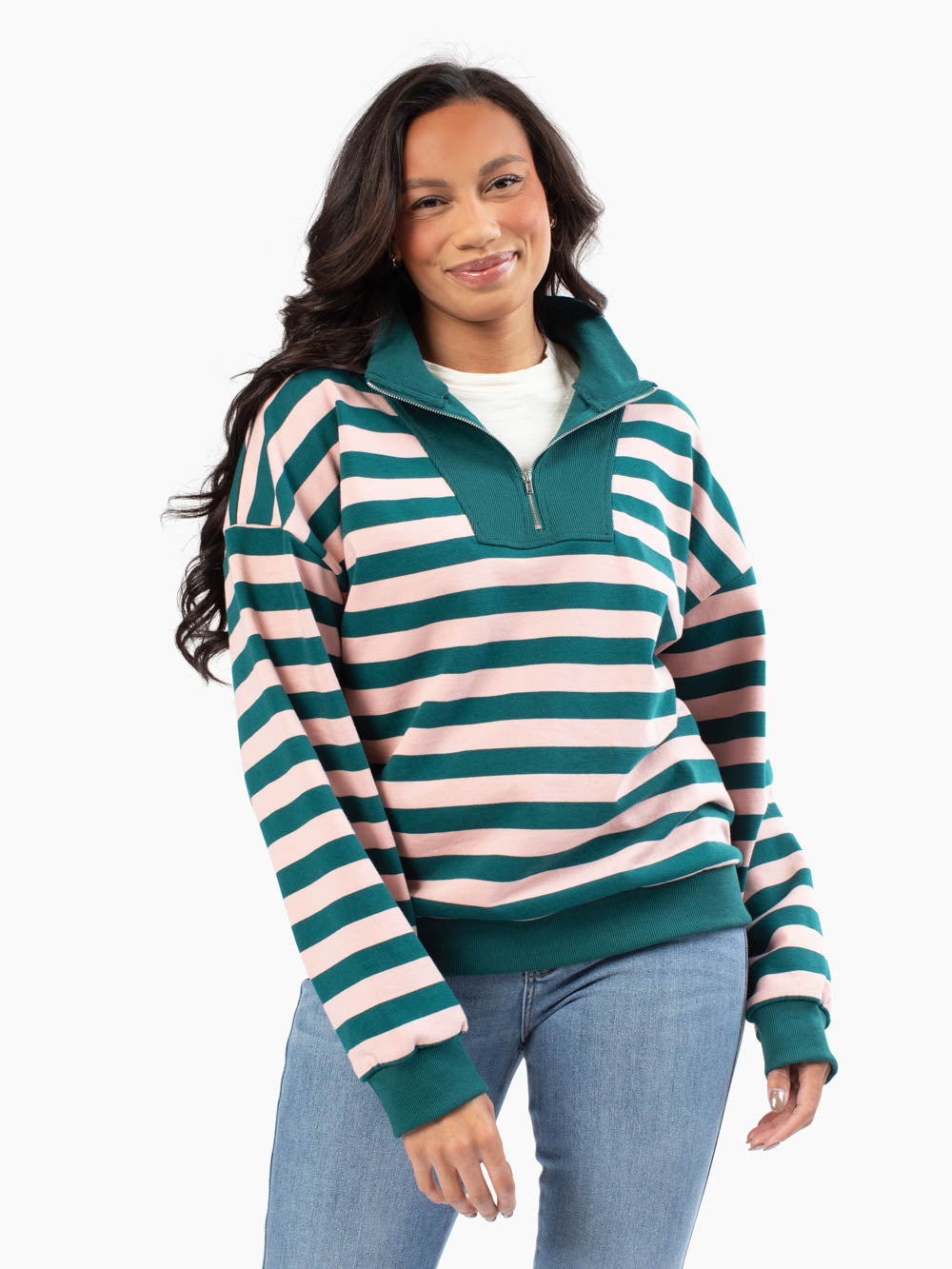 Tall women's casual sweatshirt styled with jeans