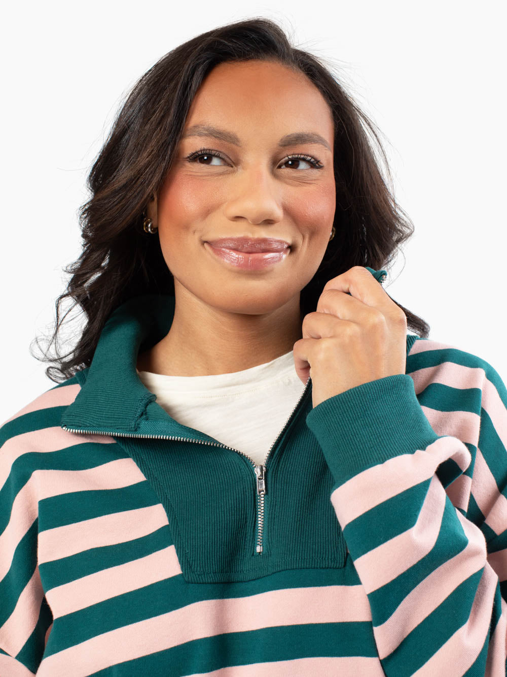 Close-up of pink and green stripes on Palm Striped Sweatshirt