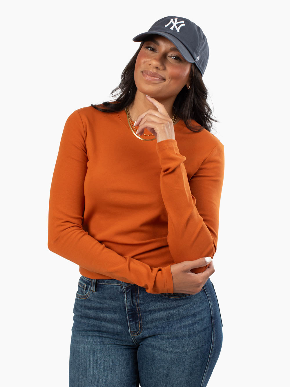 creme-de-la-creme-tall-long-sleeve-cinnamon-crew-neck-tee-front-view