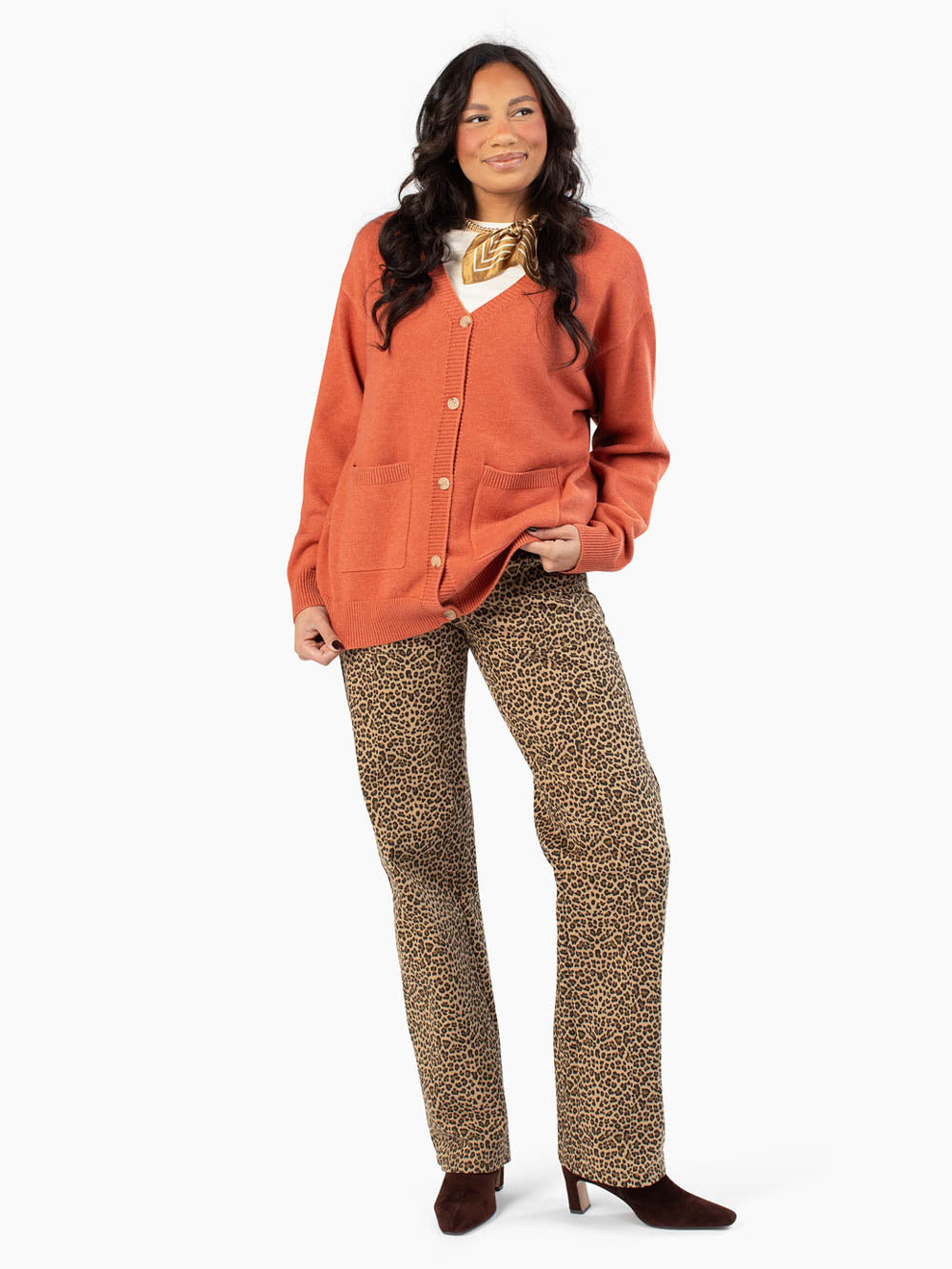 Tall women’s cardigan in clay rose with elongated sleeves