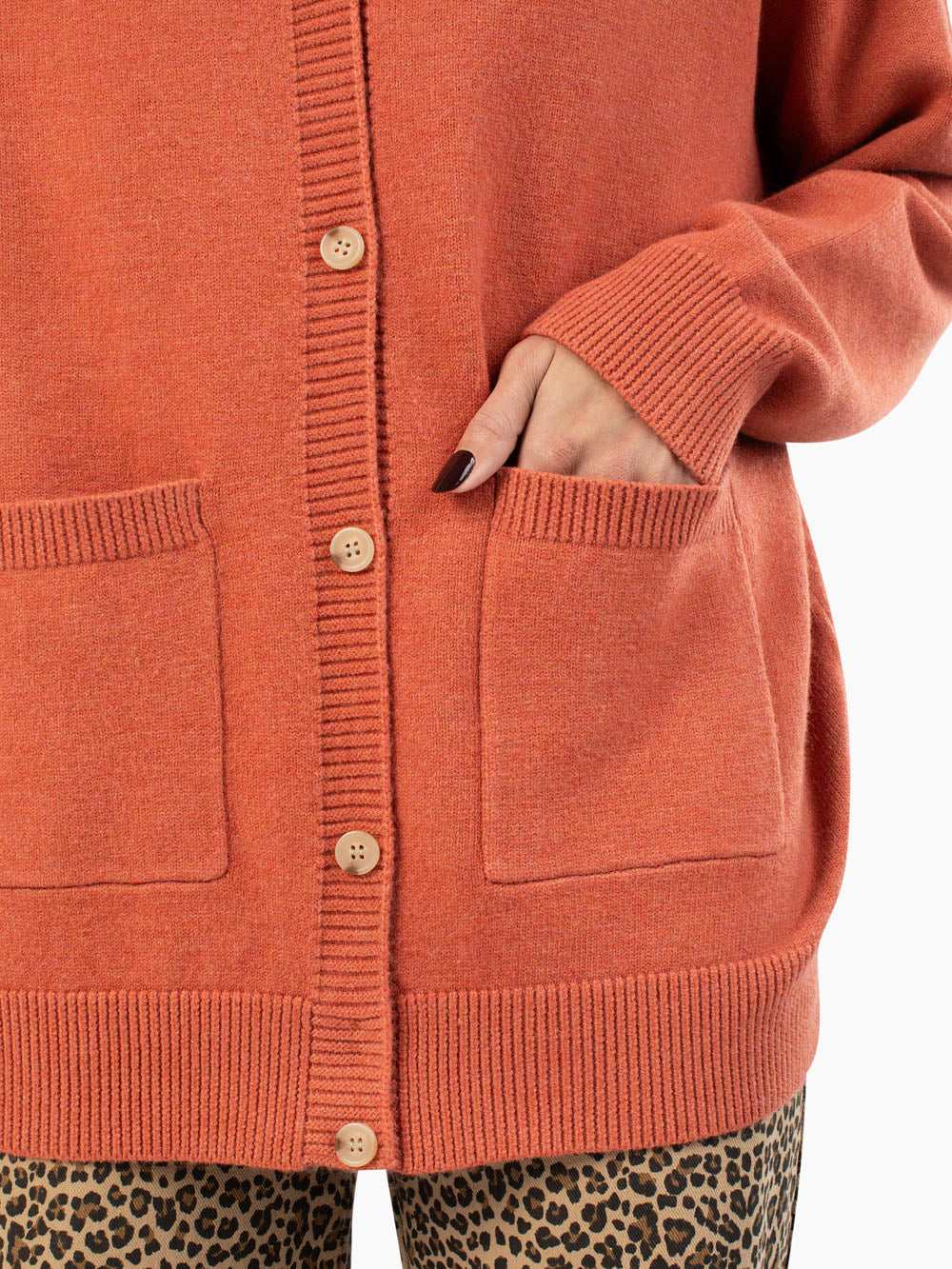 Tall women's clay rose cardigan with longer torso fit