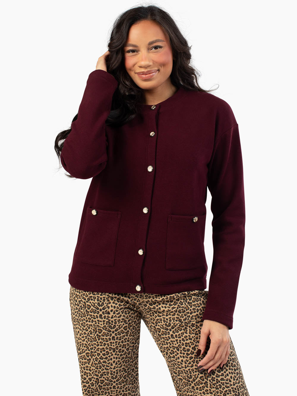 Tall women's plum cardigan with extended sleeve length
