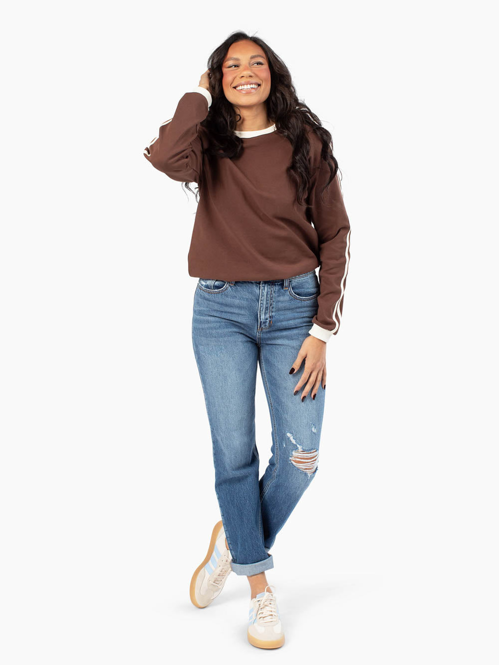 Tall girl essential long sleeve tee in brown with longer arms