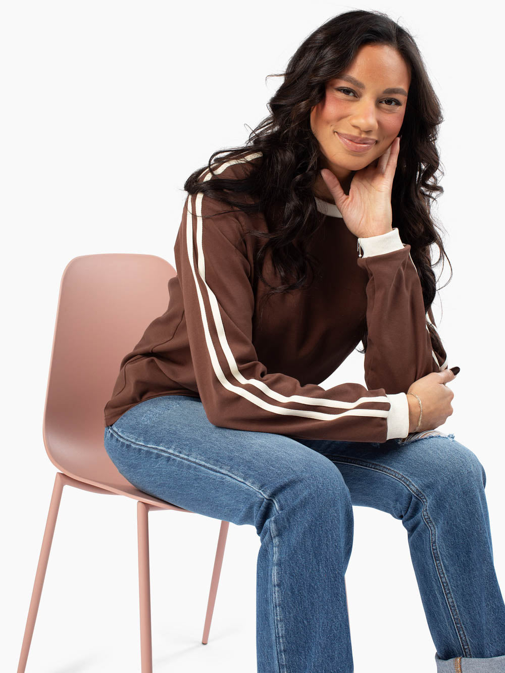 Tall women's brown long sleeve shirt with longer torso coverage