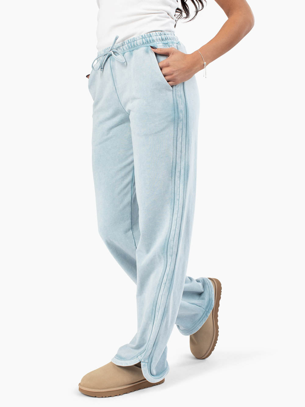 Extra long sweatpants designed for tall women in mineral blue