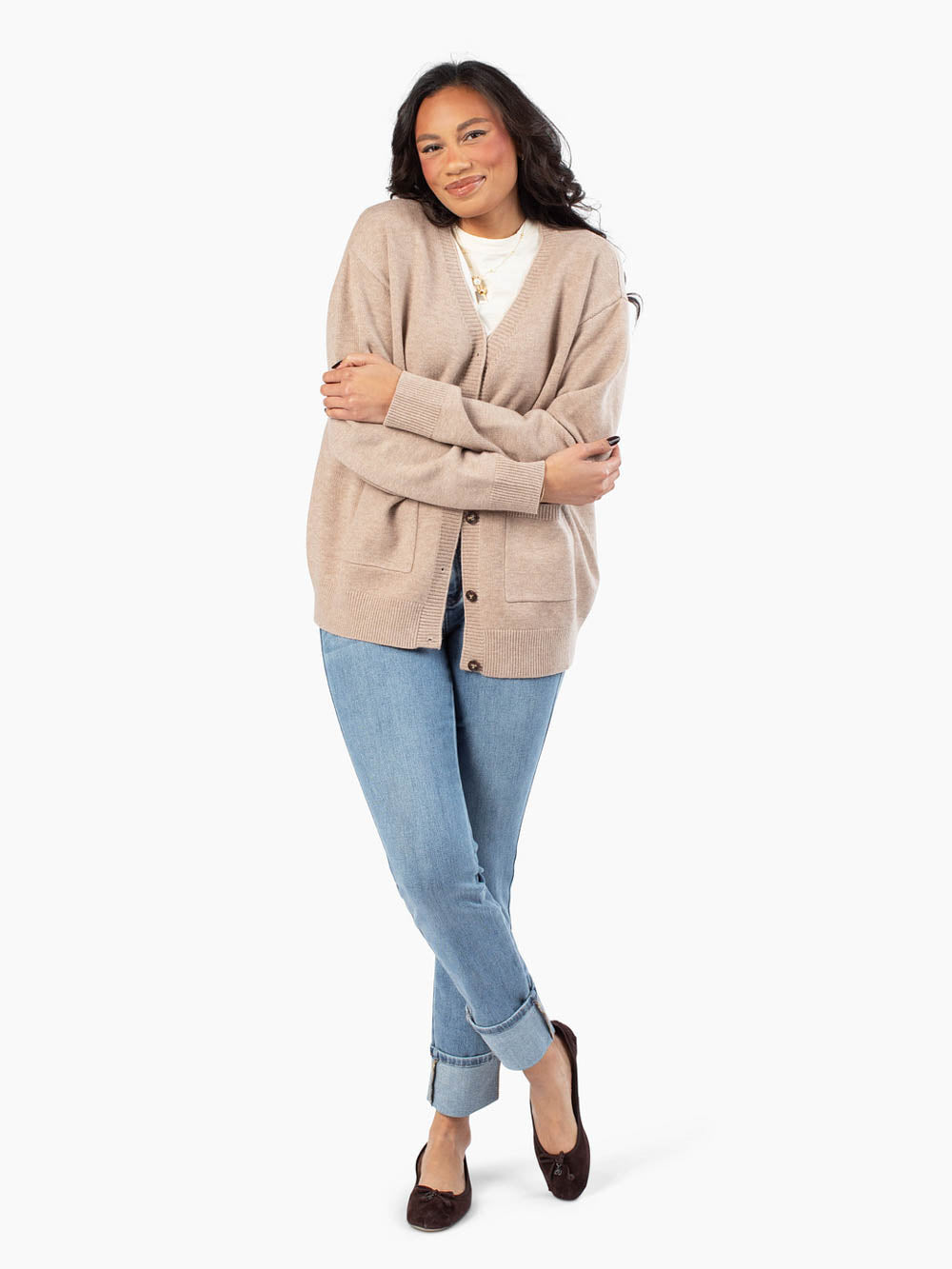Tall women's sand cardigan with flattering longline shape
