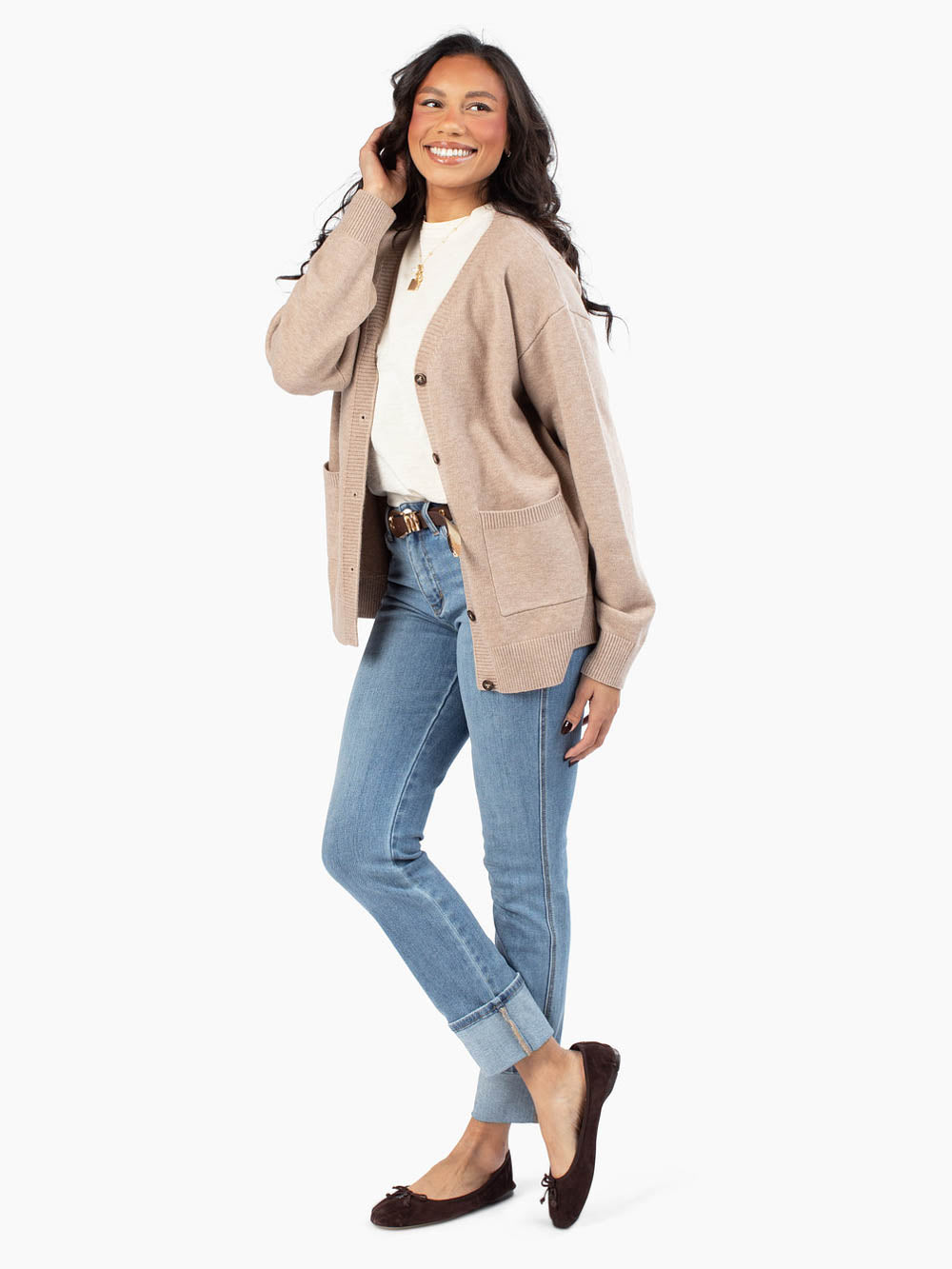 Sand neutral cardigan designed for tall women with longer sleeves