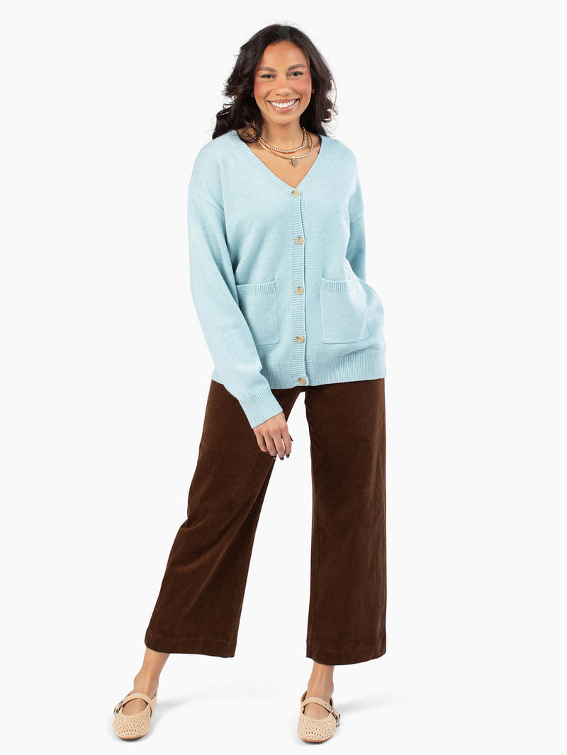 Light blue cardigan designed for tall women with longer sleeves