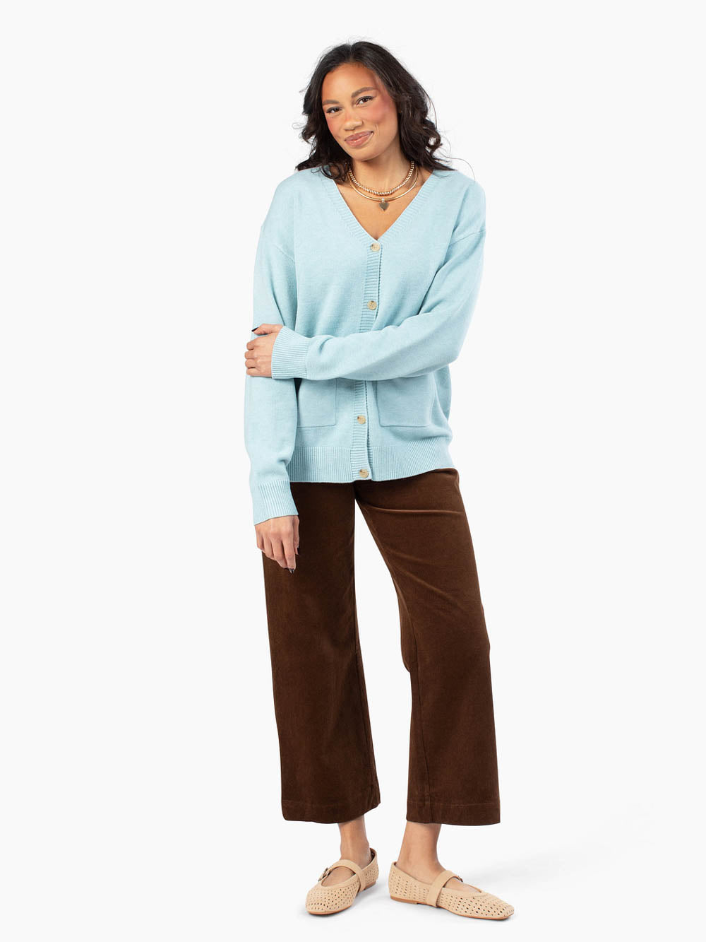 Tall women's soft blue cardigan with relaxed tall fit