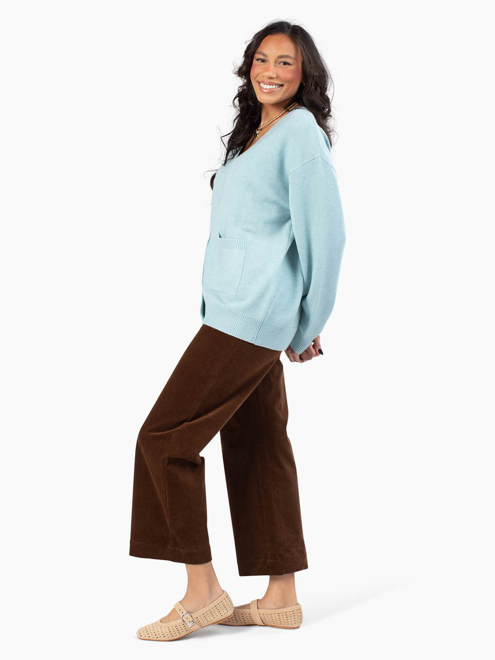 Light blue layering cardigan made for tall proportions