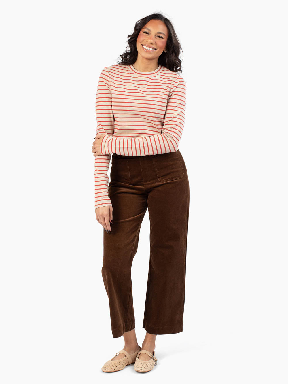 Striped long sleeve top designed for tall proportions