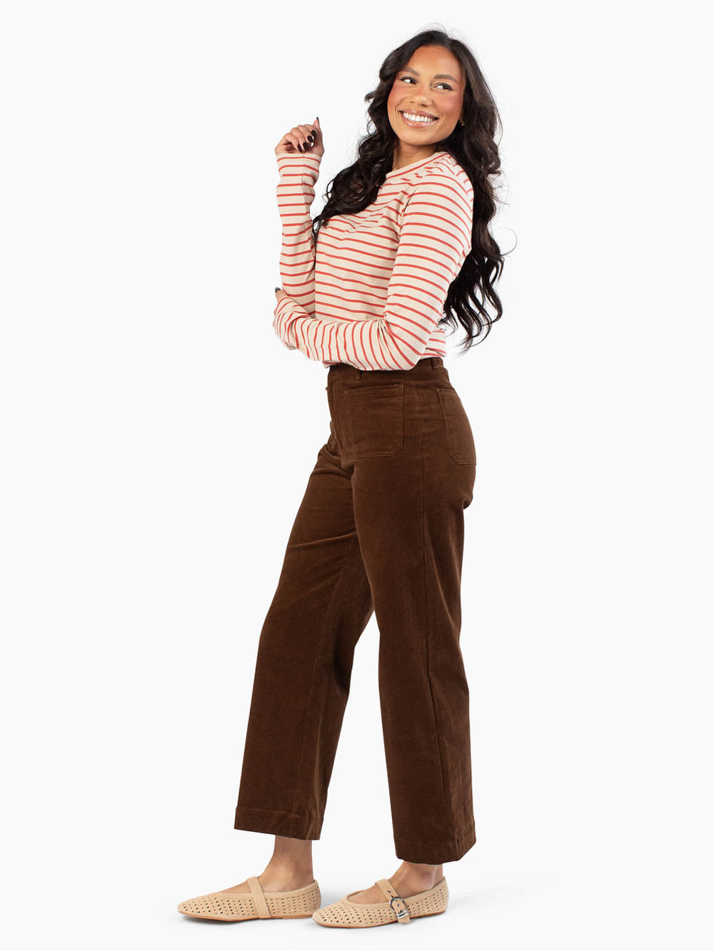 Tall women's sand and rose striped tee with longer arms