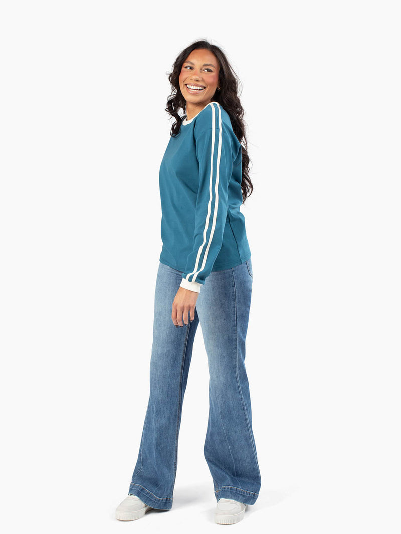 Deep teal long sleeve top for tall women with extended arm length