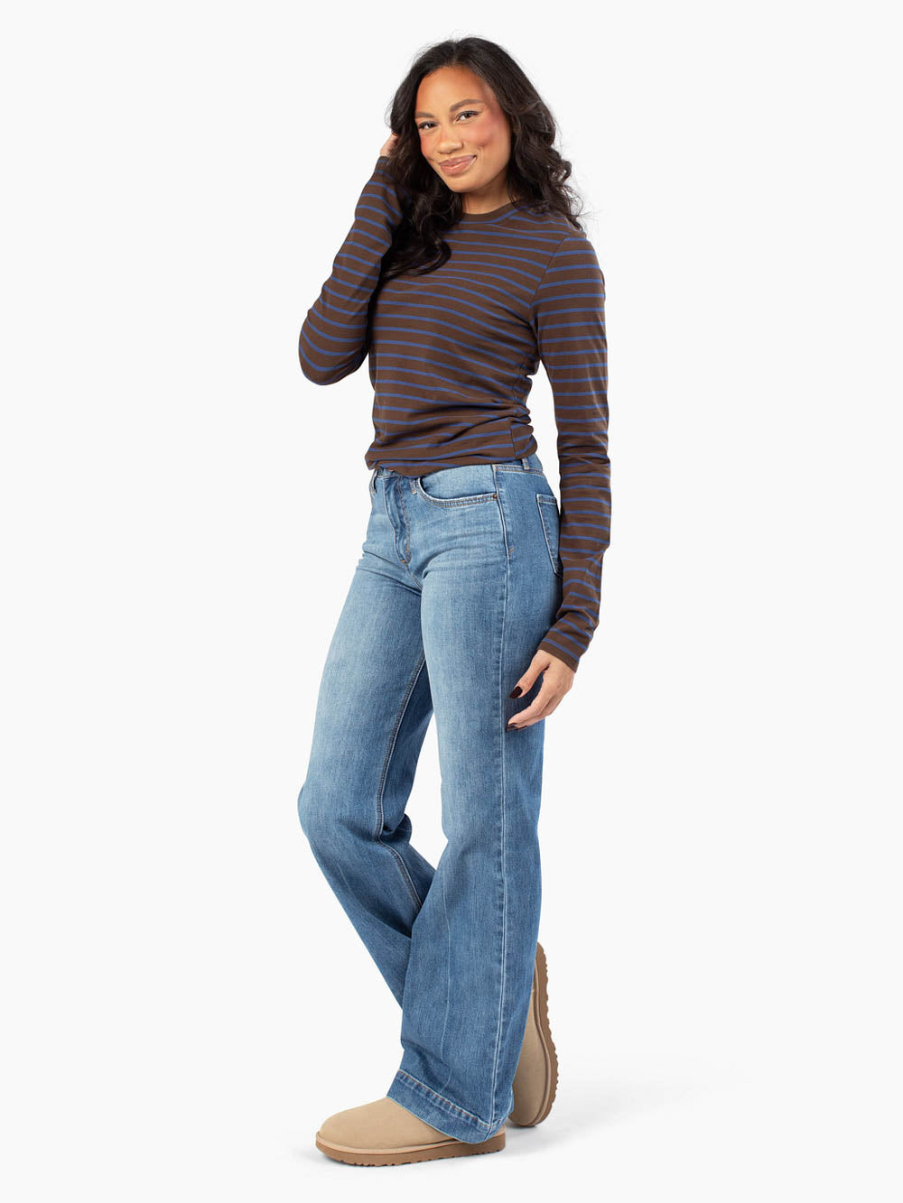 Chocolate and blue striped top designed for tall women