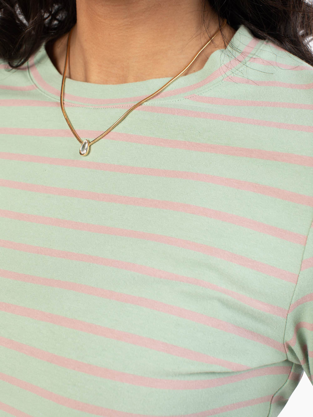 Tall women's mint and pink striped top with extended length