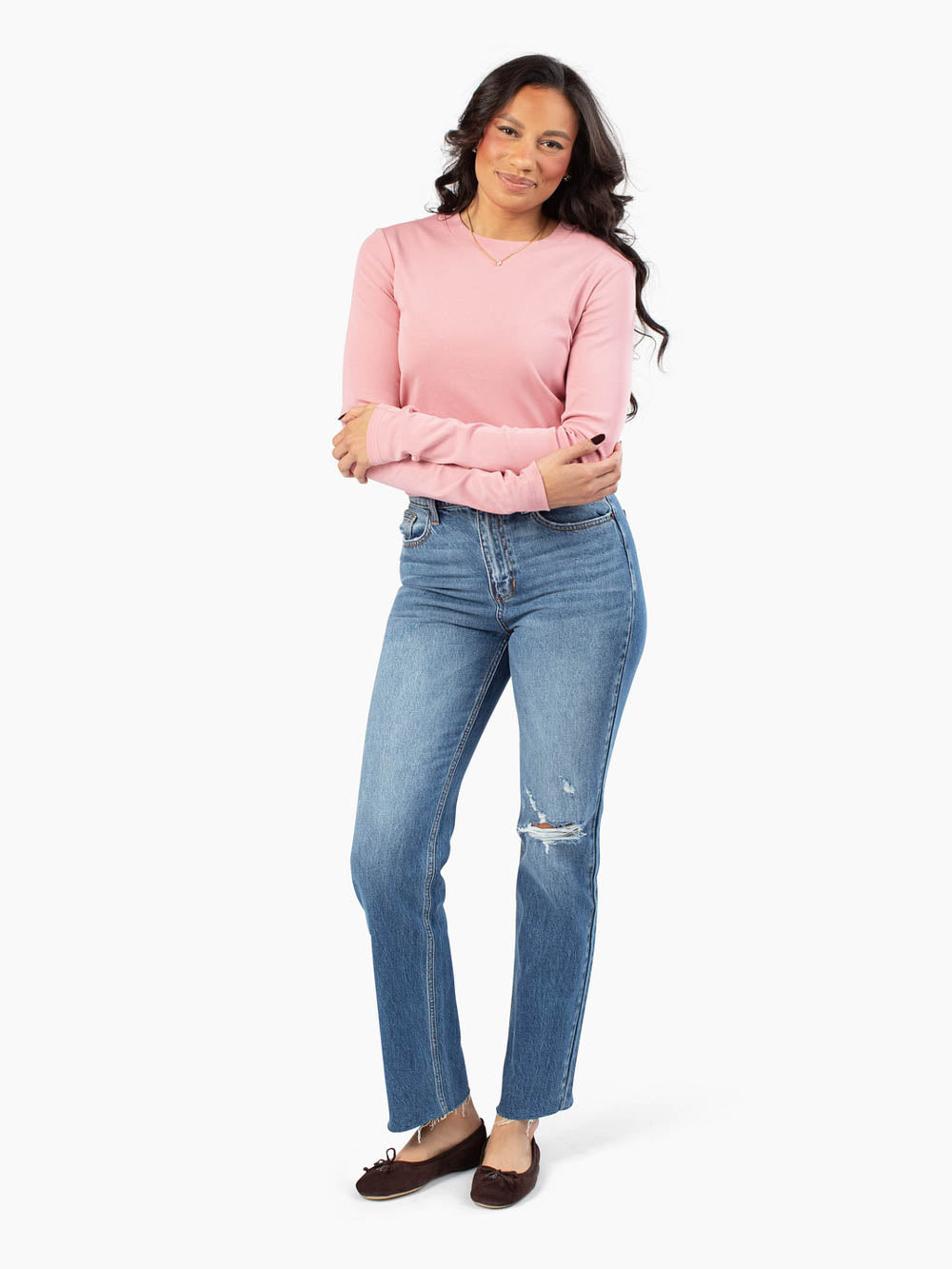 Tall girl pink long sleeve shirt with extended length