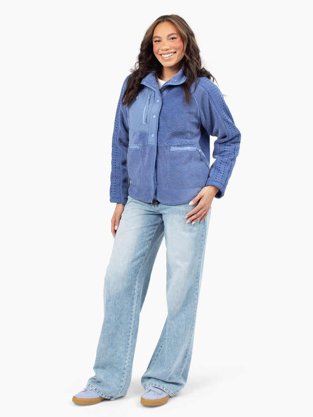 Juniper tall eyelet fleece jacket for tall women in soft blue with snap front and chest pocket