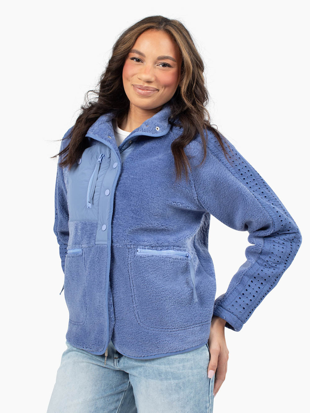 Front view of Juniper tall women’s fleece jacket with snap closure and zip pockets