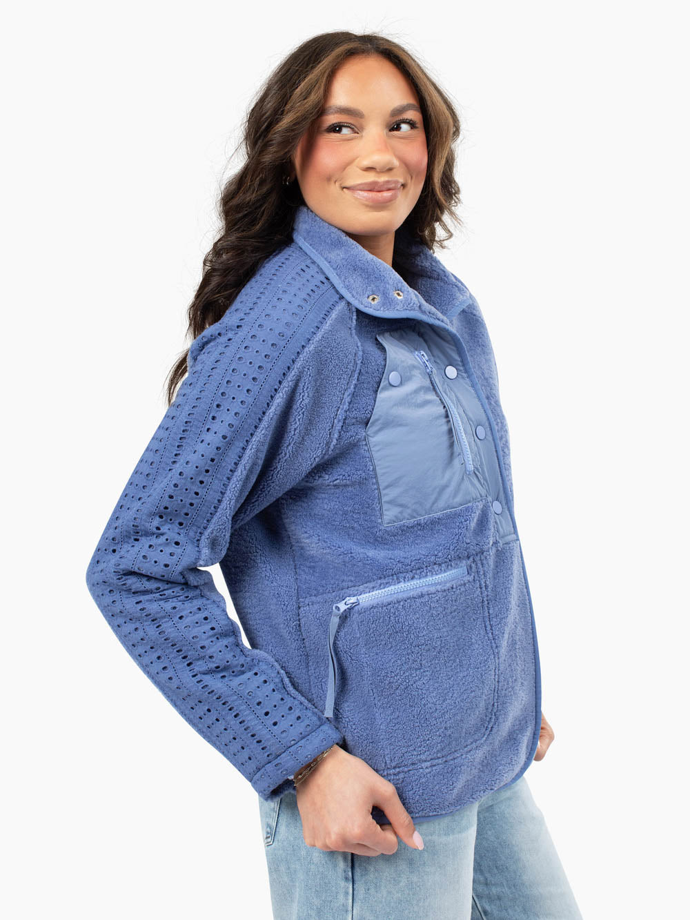 Mid-length fleece jacket designed for tall women with cozy lined interior